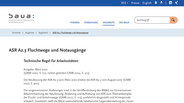 Update zur Technischen Regel ASR A2.3 Fluchtwege und Notausgänge, Screenshot: www.baua.de